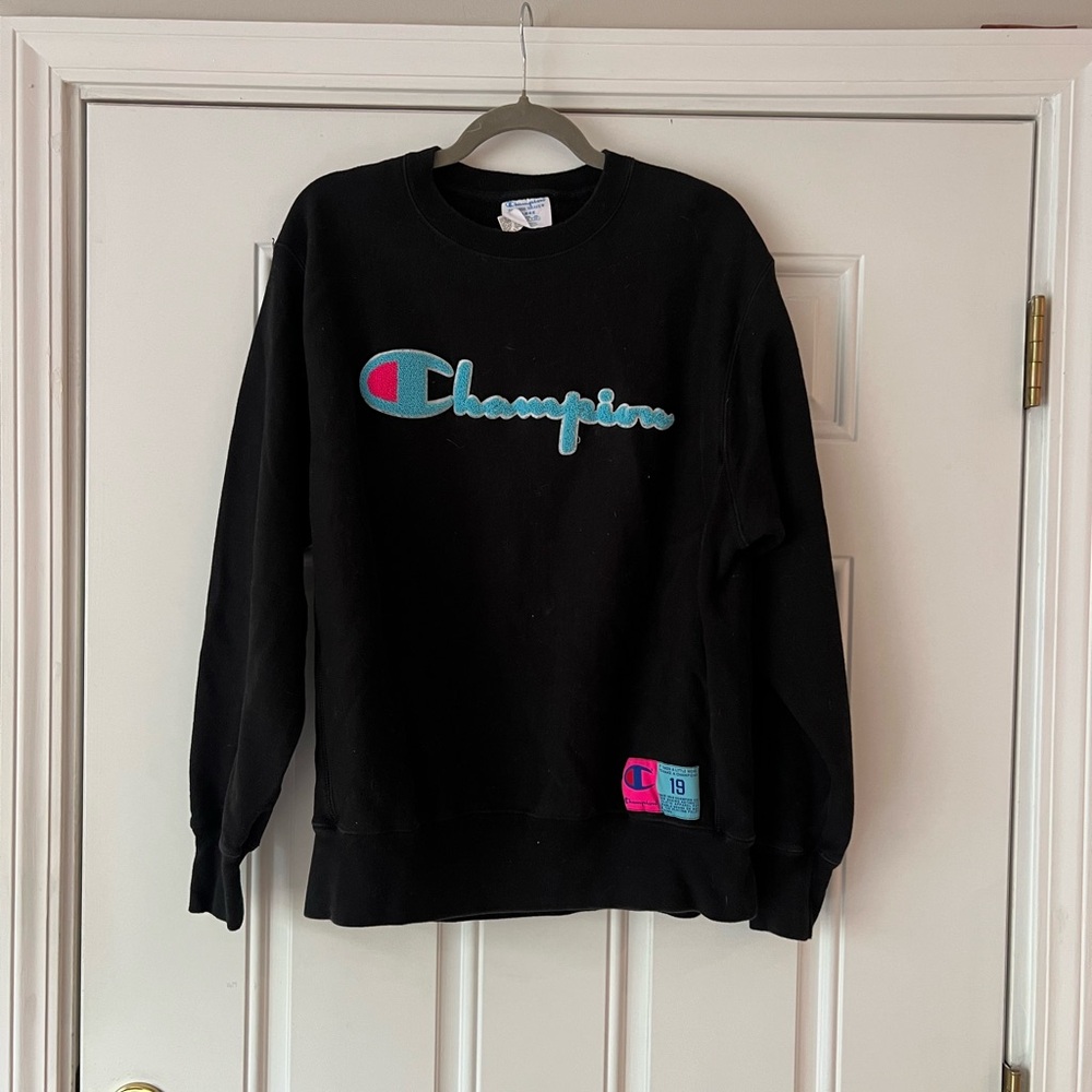 Champion Black Crewneck Sweatshirt with Teal and Pink Logo Accents